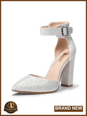 Women's Closed Toe Pointed Heels with Chunky Block Heel & Adjustable Ankle